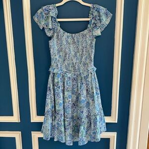 MOD On Trend Blue Floral Smocked Elastic Ruffle Dress - Size S
